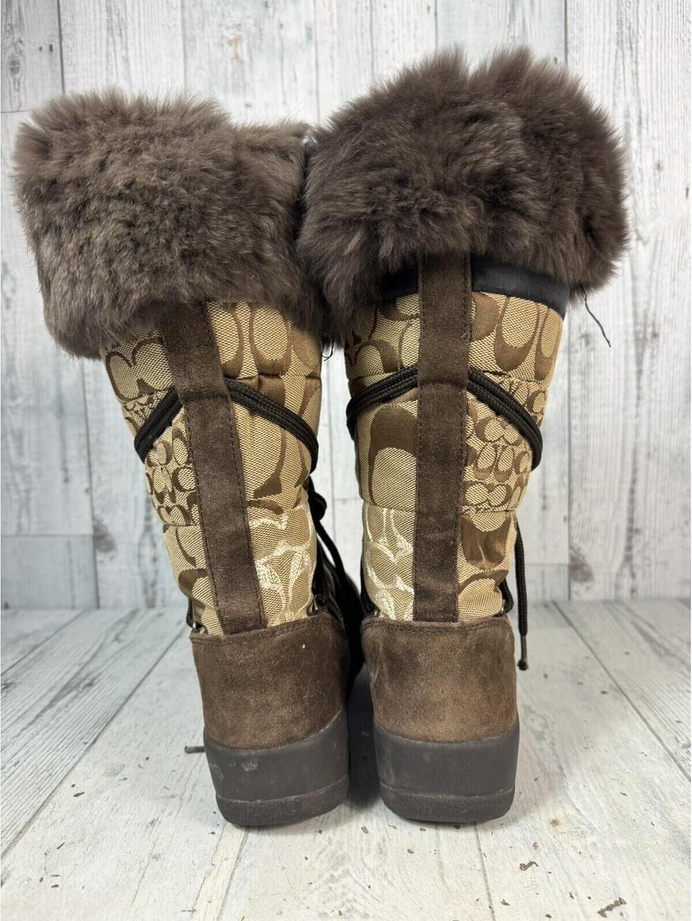 Coach Laurilyn Brown/ Tan Patchwork Fur Trim Winter Designer Boots Side Zip - Picture 3 of 9
